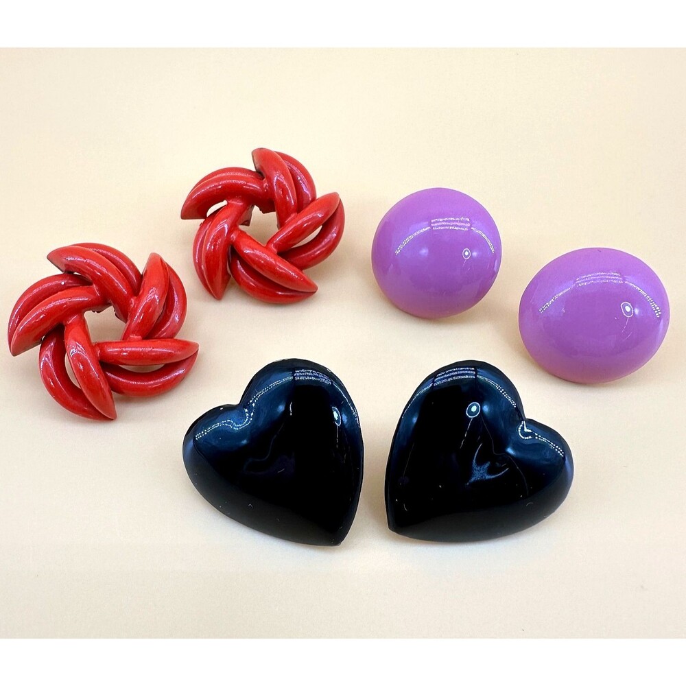 Vintage Earrings Lot 1980s Enamel Metal Black Hearts Pink Balls Red Pinwheels